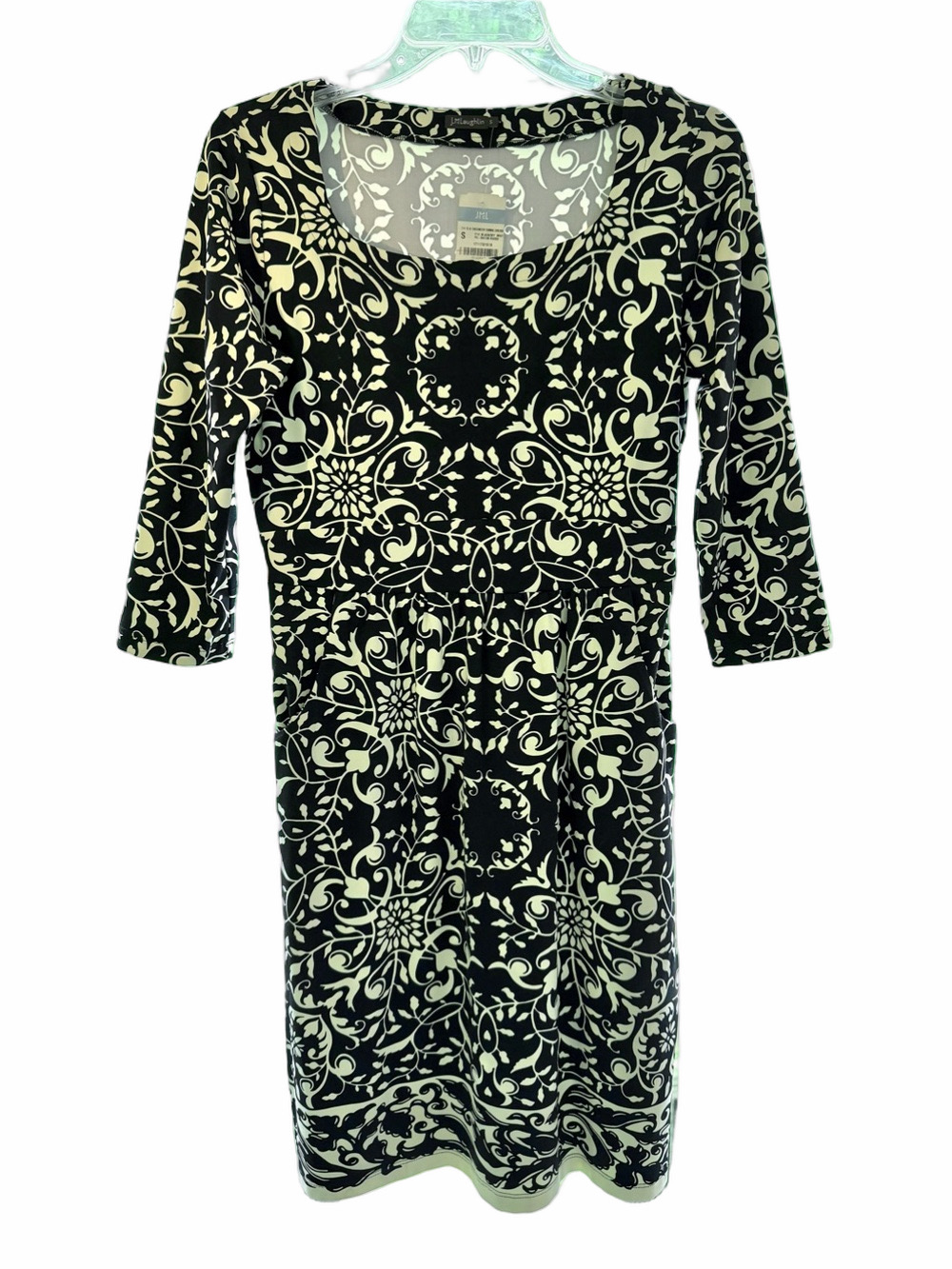 J. McLaughlin 3/4 Sleeve Emma Dress Ivory Black Floral Sz Small Damask Print NEW